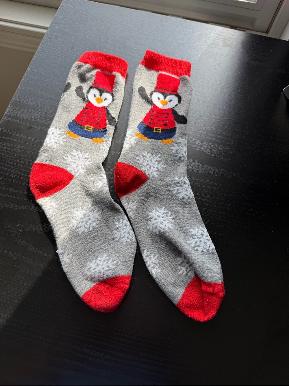 Gray & Red Penguin Crew Socks - Festive Men’s Socks